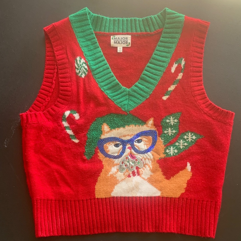 Major Major Red & Green Holiday Cat Sweater Vest